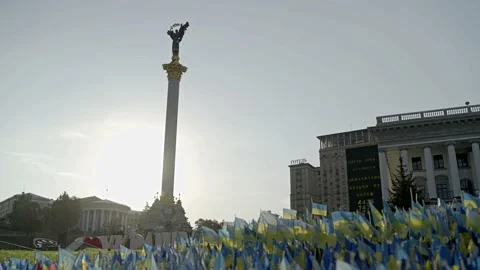 Flags of Ukraine develop against the background of the Statue of Independence Stock Footage 205541324