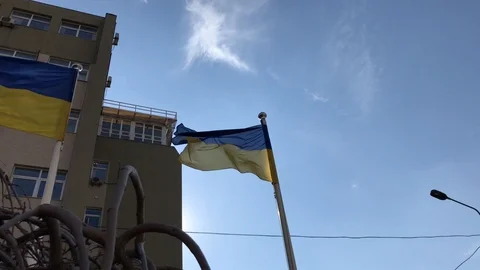 Flags of Ukraine fluttering in the wind Stock Footage 109802221