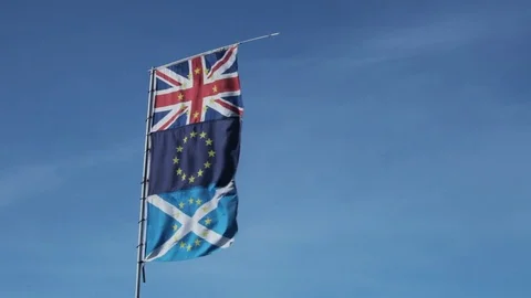 Flags of the United Kingdom, EU and Scotland Video stock 73890763