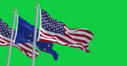 Flags of the US and the EU waving isolated on a green background Video stock 236625929