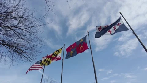 Flags of the US, Maryland, Montgomery county and the city of Rockville Stock Footage 143560308