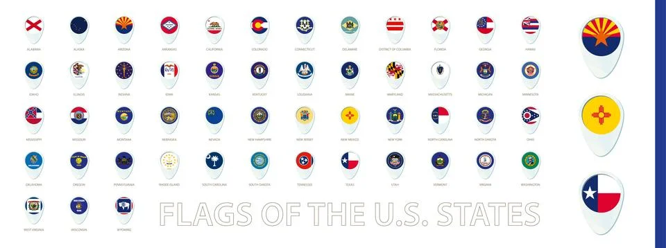 Flags of The U.S. States sorted alphabetically. Blue pin icon design. Stock Illustration