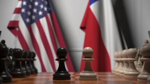 Flags of USA and Chile behind pawns on the chessboard. Chess game or political Stock Illustration