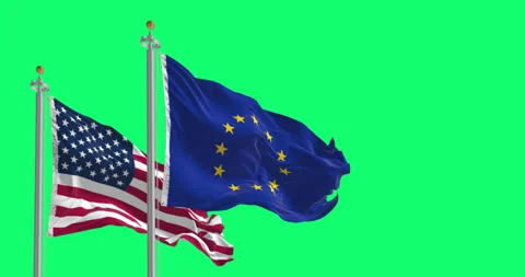Flags of the USA and the EU waving in the wind isolated on green background Stock Footage 337047593