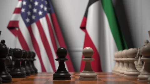 Flags of USA and Kuwait behind pawns on the chessboard. Chess game or political Stock Illustration