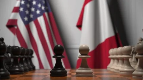 Flags of USA and Peru behind pawns on the chessboard. Chess game or political Stock Illustration