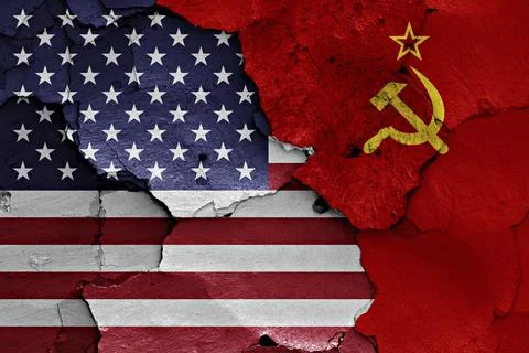 Flags of USA and Soviet Union painted on cracked wall Stock Illustration