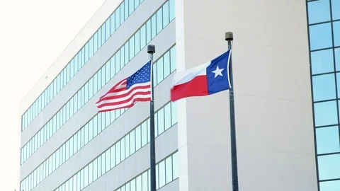 Flags of USA and Texas flying in the wind with an office building Video stock 122155139