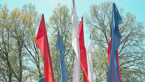 Flags of various colors are displayed prominently against a clear blue sky with Stock Footage 339090644