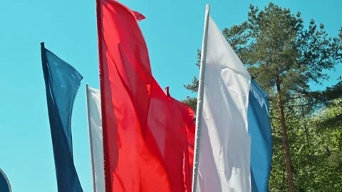Flags in various colors blow gently in the wind at an outdoor location. The Stock Footage 339090664