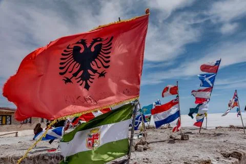 Flags of various nations at Salar de Uyuni ( Salt Lake), Bolivia Stock Photos