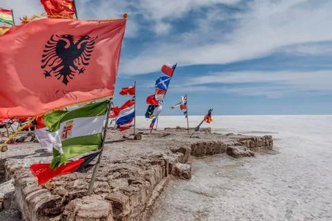Flags of various nations at Salar de Uyuni ( Salt Lake), Bolivia Stock Photos