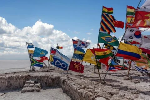 Flags of various nations at Salar de Uyuni ( Salt Lake), Bolivia Stock Photos