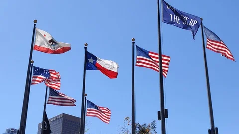 Flags Waiving in The Wind Clear Day Blue Sky Downtown LA DTLA Los Angeles CA USA Stock Footage 127603993