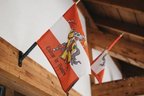 Flags on a wall inside Vianden Castle, Luxembourg. Stock-Fotos