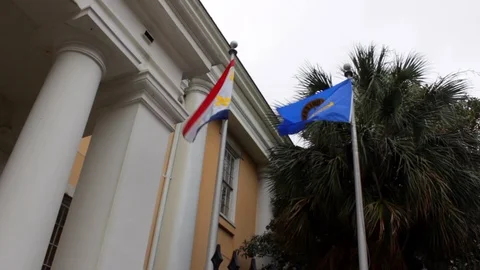 Flags waving in breeze in downtown new orleans Stock Footage 101003331