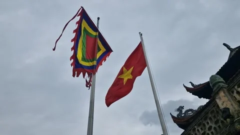 Flags Waving on Imperial Citadel of Thang Long in Hanoi, Vietnam Stock Footage 334824955