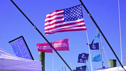 Flags waving at Progressive Norwalk Boat Show Stock Footage 213315929