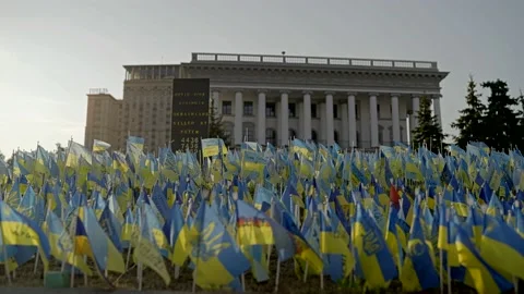 Flags waving in the wind in honor of the fallen soldiers in the war 2022 Video stock 205541335
