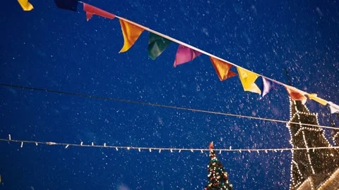 Flags on wind, Red Square, Russia. Snowy weather Christmas night, New Year Stock Footage 219993915