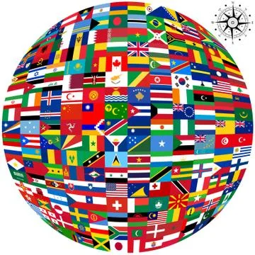 Flags of the world and  map on white background. Vector illustration. Stock Illustration