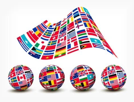 Flags of the world countries. four globes. vector. Stock Illustration