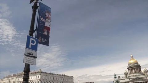 Flags of the World Cup in Russia in 2018 against of the Saint Isaac's Cathedral Stock Footage 91963571
