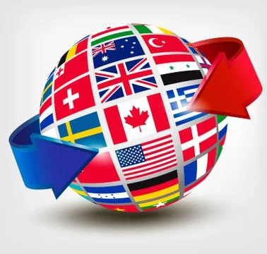 Flags of the world on a globe with an arrow. vector illustration Stock Illustration