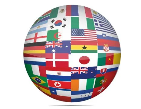 Flags of the world in globe format over a white background. Stock Illustration