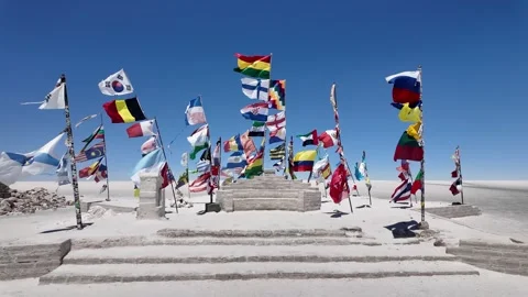 Flags of the World at Salar de Uyuni — Front View Stock Footage 293747674