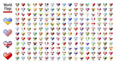 Flags of the world - vector set of heart shaped glossy icons. Stock Illustration