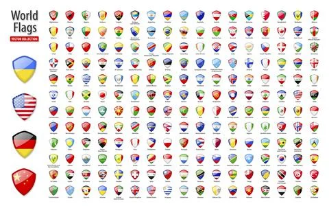 Flags of the world - vector set of shield, glossy icons. Stock Illustration