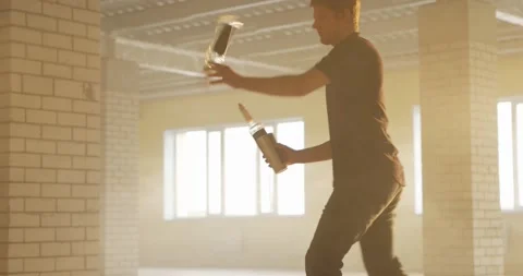 Flairing. Barmen performs juggling show. Professional bartender man juggling Stock Footage 154166796