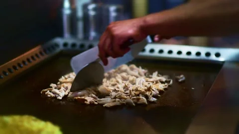 Flambeed chicken strips for Vegetables Stir Fry yakisoba noodles or Okonomiyaki Stock Footage 131644545