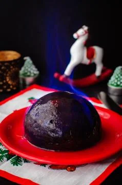 Flambeed Christmas Pudding Stock Photos