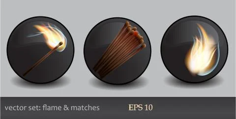 Flame and matches icon set Stock Illustration