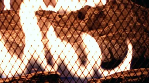 Flame behind fireplace mesh close up Stock Footage 10700393