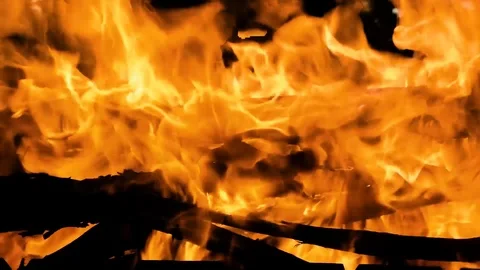 Flame campfire from a variety of branches close-up. Slow motion. Stock Footage 105894402