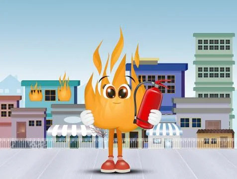 Flame cartoon with extinguisher Stock Illustration