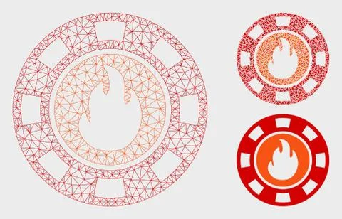 Flame Casino Chip Vector Mesh Network Model and Triangle Mosaic Icon 스톡 일러스트