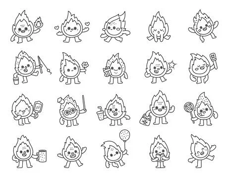 Flame character set in outline line Stock Illustration