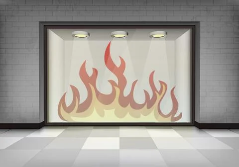 Flame explosion in illuminated storefront vitrine Stock Illustration