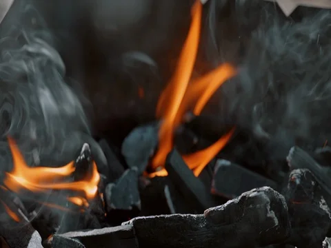 Flame. fire is burning in the grill. BBQ, barbecue. Slow motion Video stock 74065447