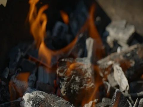 Flame. fire is burning in the grill. BBQ, barbecue. Slow motion 库存影片 74066228