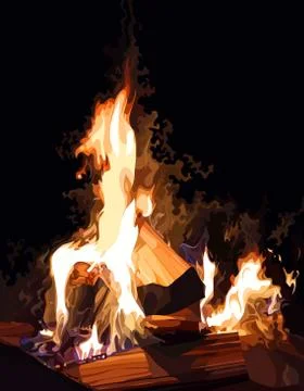 Flame of fire on firewood in the dark Stock Illustration