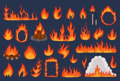 Flame fire vector illustration set, cartoon flat red and orange flamed ignition Illustrazione stock