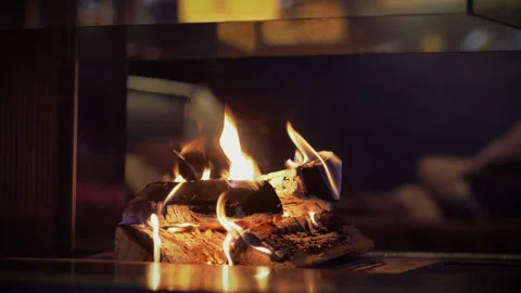 Flame in the fireplace, burning wood. Video stock 155117255
