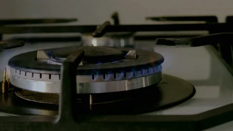 Flame Gas Burner Operation, Fire on the Stove. Closeup Shot of Kitchen Stove Stock Footage 232801576