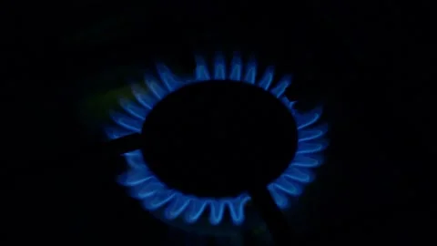 Flame Gas Fire Kitchen Burner on Stove in Darkness Close-up. Chef Turns on the G Stock Footage 229155659