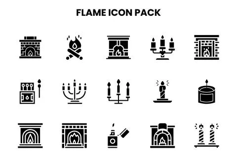 Flame Glyph Set Icons Pack Stock Illustration